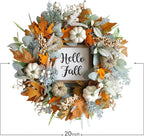 20inch Thanksgiving Fall Wreath, Eucalyptus Berries Pumpkins Lamb Ears Leaves Autumn Wreaths for Front Door, Fall Decor, Porch Wall, Home Outdoor Holiday Decorations Wreath for Autumn