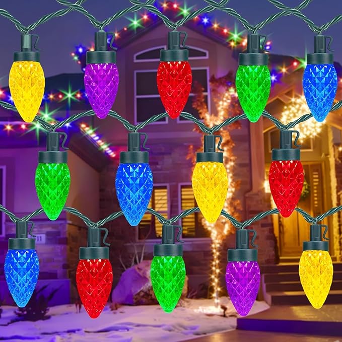 C7 LED Christmas String Lights, 30 FT 50 Colorful Strawberry LED Bulbs, Hanging C7 Christmas Lights Indoor Outdoor for Xmas Tree Holiday Garden Patio Backyard Decor, Multicolor