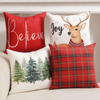 TOYPOPOR Christmas Decorations, Double Sided Plaid Throw Pillow Covers 16x16 Inches Set of 4, Christmas Tree, Snowflakes, Merry Christmas, Snowman Reindeer Winter Holiday Pillowcase for Sofa Couch