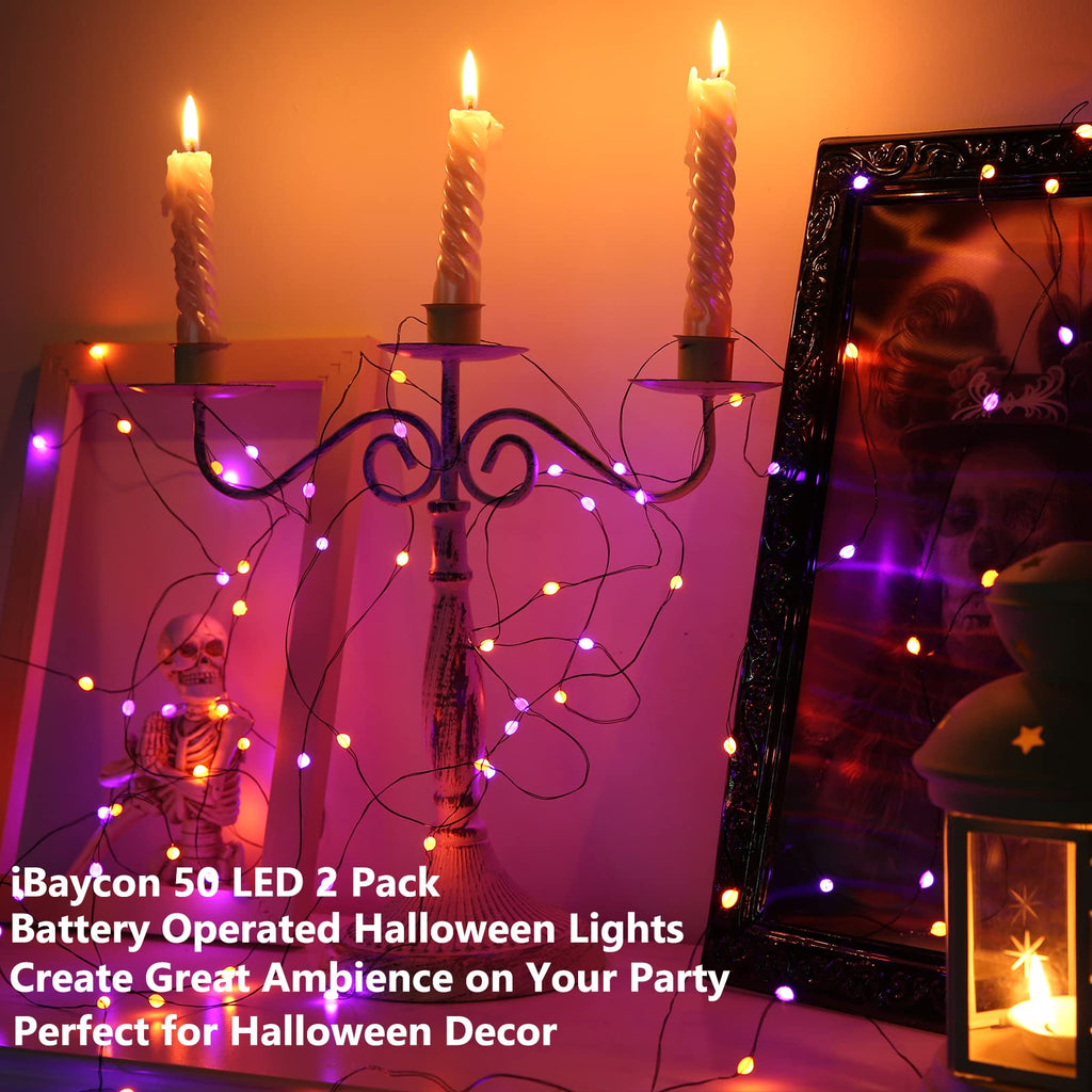 iBaycon 2 Pack 50 LED Battery Halloween Lights, 16.4ft Battery Operated Halloween Lights, Orange Purple Waterproof Twinkle Fairy Lights with 8 Modes & Timer for Indoor Outdoor Halloween Decorations