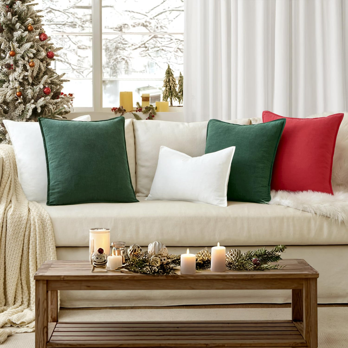 EMEMA Christmas Throw Pillow Covers Decorative Linen Pillow Covers 24x24 Inch Red Boho Farmhouse Neutral Couch Throw Pillows for Bed Pack of 2 Accent Pillowcase Modern Sofa Cushion Livingroom Home