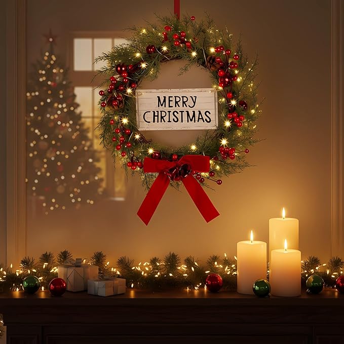 Lighted Christmas Wreath for Front Door with Metal Hanger 16'' Artificial Norfolk Wreath with Velvet Bow LED Lights Jingle Bells Pinecone Berries Christmas Holiday Winter Decor(Red)
