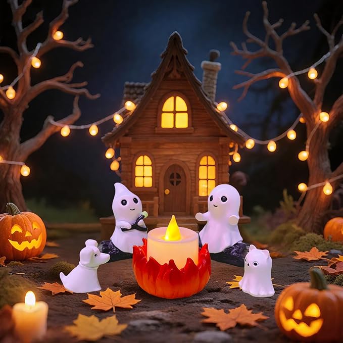 SOMITO 2025 Ghost Campfire Nightlight, Spooky Ghost Halloween Decorations Indoor, Cute Halloween Ghost Figurine, Funny Halloween Decor for Home Mantel Tabletop Party (with Cat and Dog)