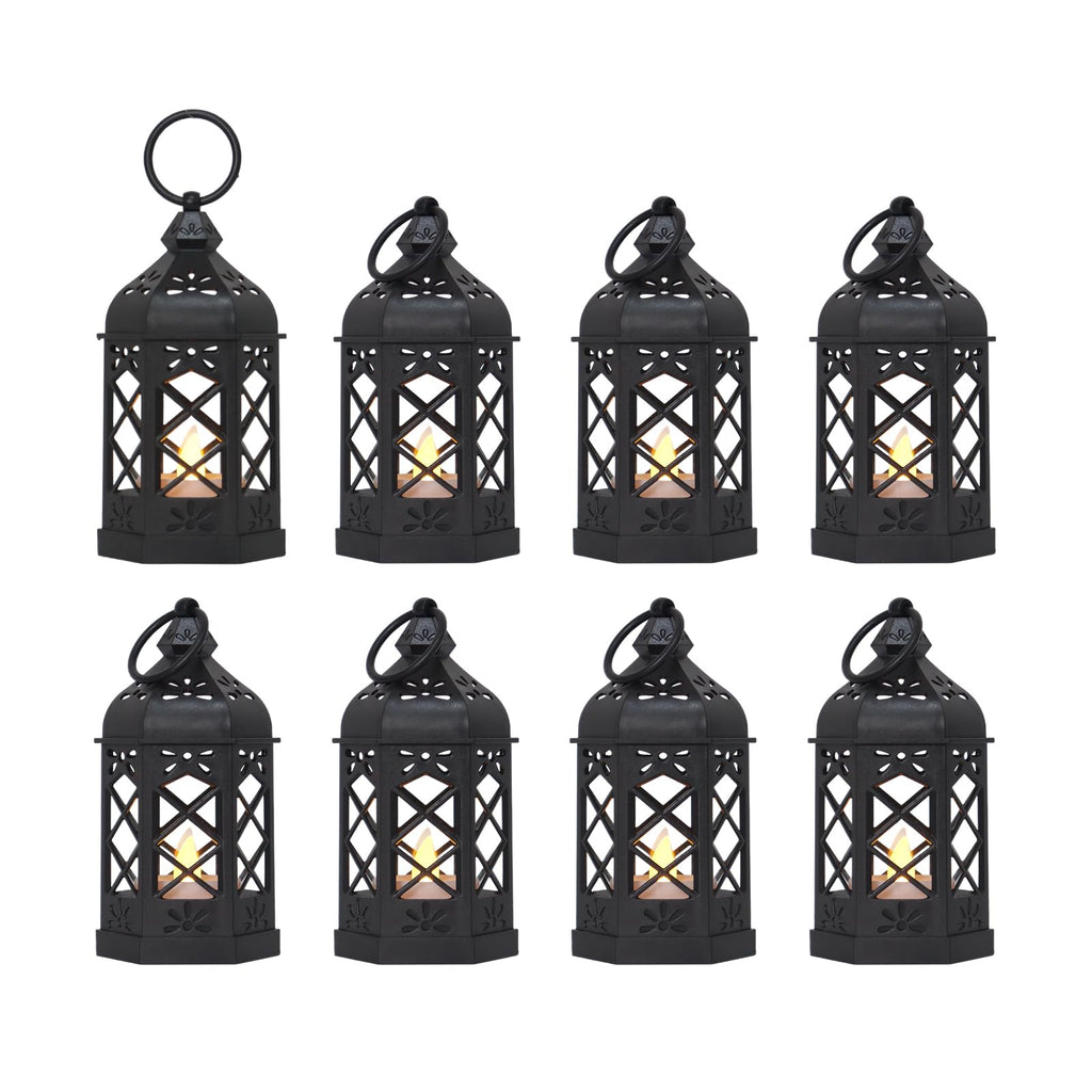 LLQ (8Pack-5Inch) Mini Lantern with Flickering LED Candle for Table Centerpiece, Black Halloween Decorations, Small Hanging Decorative Lantern for Wedding Christmas, Fall Garden Party Decor for Home