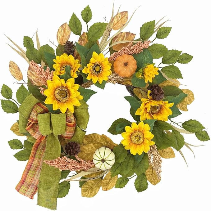 20 Inch Fall Wreath for Front Door, Sunflower Autumn Wreath with Pumpkins and Bow for Thanksgiving Farmhouse Home Window Wall Office Wedding Indoor Outdoor Decorations
