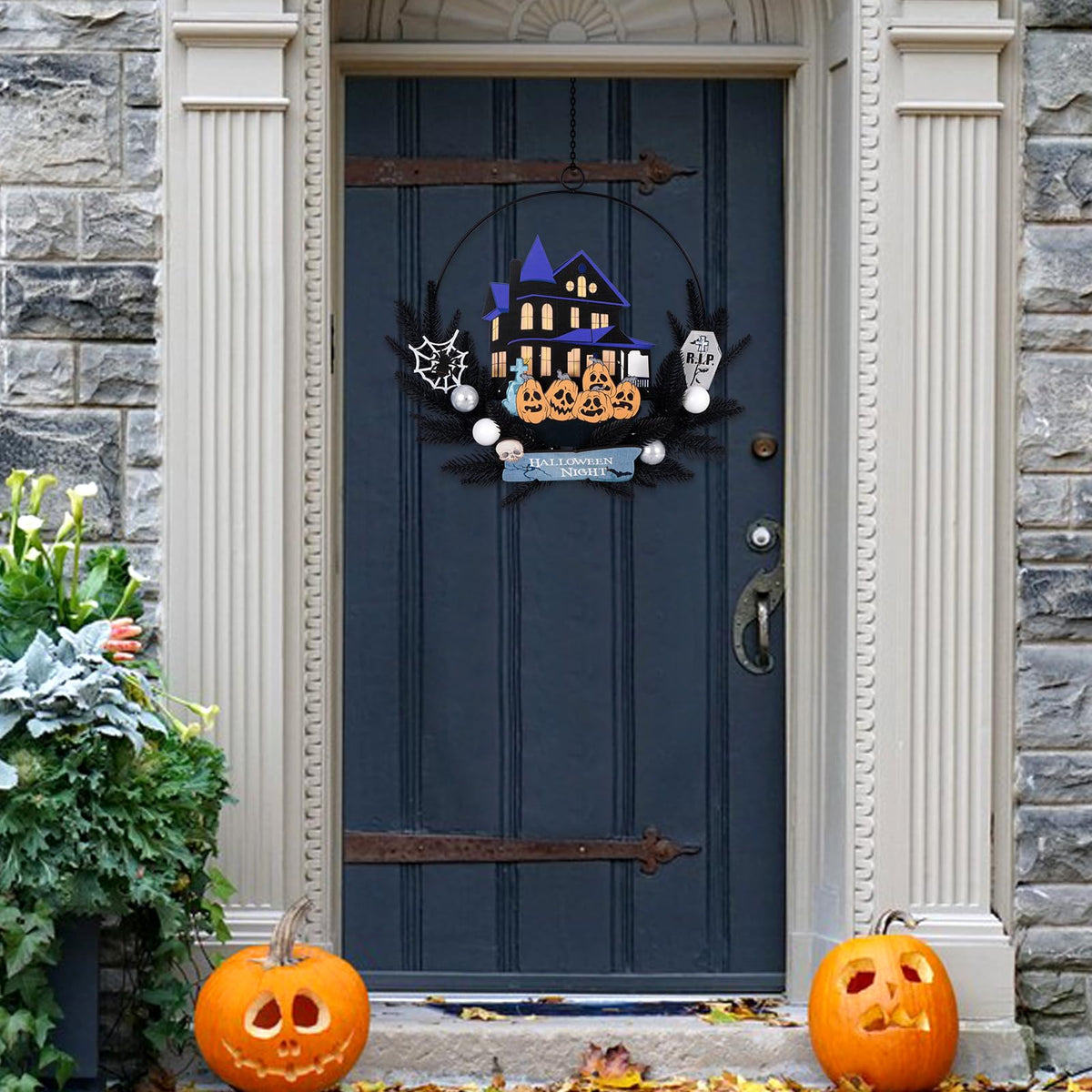 30 LED Lighted Pumpkin Halloween Decoration Wreath for Front Door, Welcome Metal Wooden Hanging Sign Door Wreath Decor, Battery Operated Indoor Outdoor Halloween Wall Decor