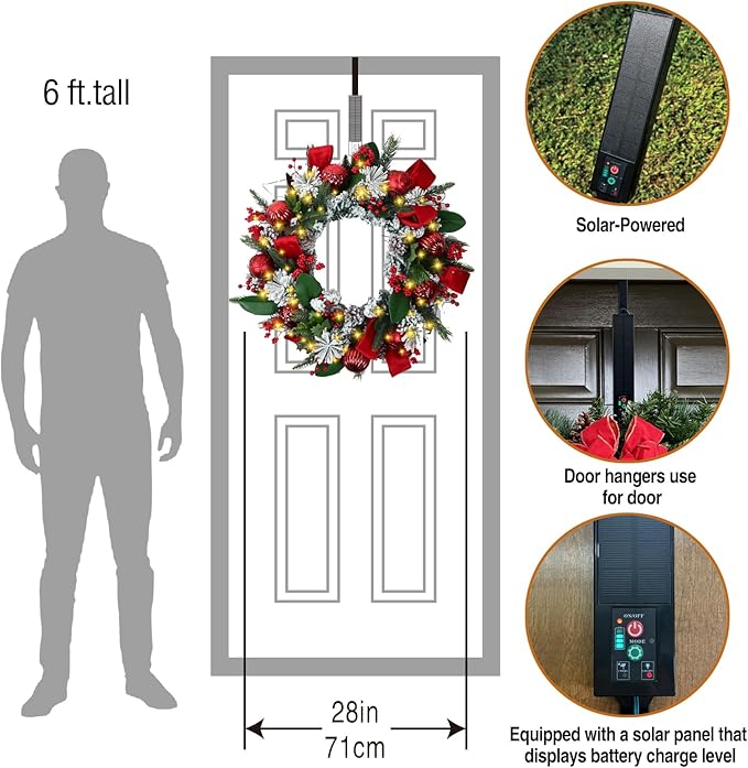 Solar Christmas Wreath 28 Inch Pre-Lit Solar 50 Led Artificial Wreath Outdoor Front Door Window Christmas Decorations with Frosted Branches Pine Cones Red Velvet Bows Balls (2809)
