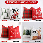TOYPOPOR Christmas Decorations, Double Sided Plaid Throw Pillow Covers 18x18 Inches Set of 4, Christmas Tree, Snowflakes, Merry Christmas, Snowman Reindeer Winter Holiday Pillowcase for Sofa Couch