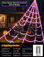 LCHUANG Spider Webs Halloween Decorations Lights - 250 LEDs Outdoor Halloween String Lights with 60" Light Up Spider,8 Modes Remote Control 16.4Ft Spiderweb,Waterproof (Orange+Purple)