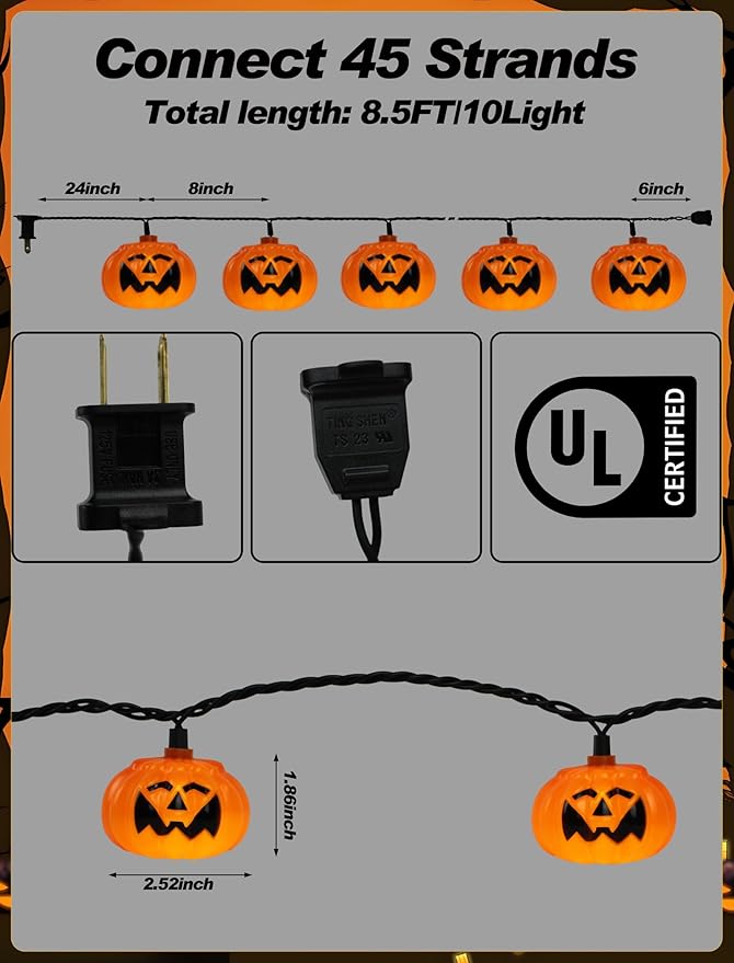 8.5Ft LED Halloween Lights Pumpkin String Lights with 10 Smiling Jack O Lantern Pumpkin Lights, Orange Jack O Lantern for Home Party Yard Porch Indoor Outdoor Decor Halloween Decorations
