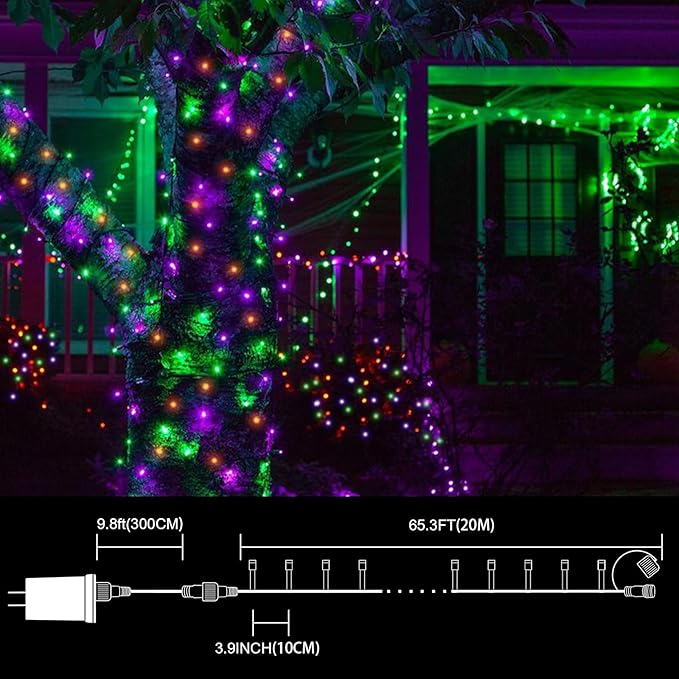 LAMPHOME 66ft Halloween Decorative Mini Lights, 200 LED Transparent Wire Fairy Starry String Lights Plug in, 16 Lighting Modes for Halloween Outdoor Party Decoration (Orange/Purple/Green)