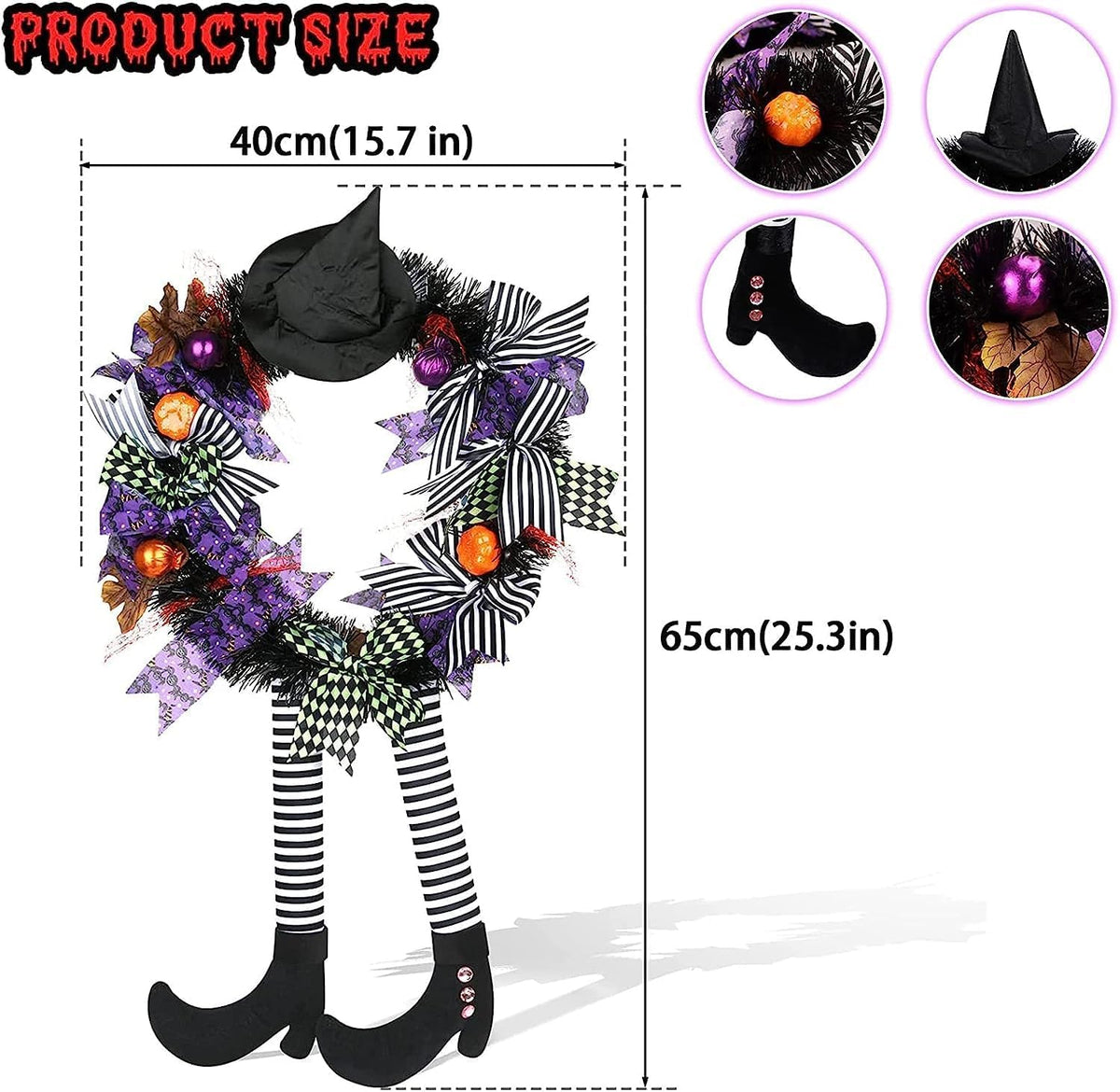 Halloween Wreath Decorations - Halloween Wreaths for Front Door - Witch Decor with Hat Legs Pumpkin Halloween Hanging Decor,Halloween Door Decorations for Door,Porch,Window,Indoor and Outdoor Decor