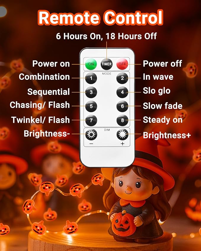 btfarm Halloween Pumpkin String Lights Decorations, 16.4 FT 50 LED Orange Fairy Lights Battery Operated with Remote Timer Waterproof for Indoor Outdoor Home Halloween Party Decorations