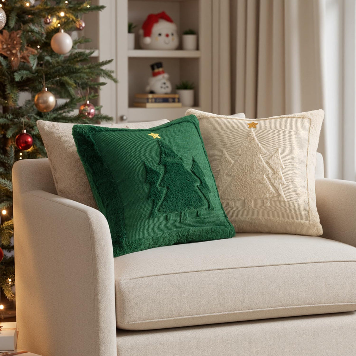 MIULEE Christmas Trees Pillow Covers Set of 2 Decorative Soft Throw Pillows Plush Faux Fur Wool Embroidered Couch Cushion for Holiday Winter Home Decor Chair Sofa Bedroom Living Room,Beige 18x18inch
