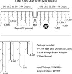 1296 LED 131FT Christmas Lights 288 Drops, Outdoor Hanging light with 8 Modes & Timer, Plug in Curtain String Light Outdoor Waterproof for House Tree Holiday Wedding Party Outside Decor (Warm White)