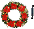 Solar Christmas Wreath 30 Inches Pre-Lit Solar 70 Led Artificial Wreath For Front Door Window Outdoor Christmas Decor with Poinsettias Golden Glitter Pine Branches Christmas balls(3003)