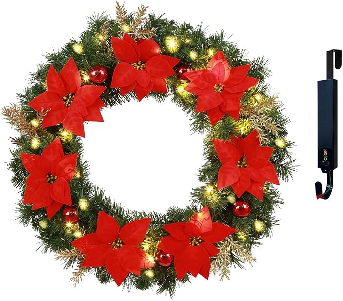 Solar Christmas Wreath 30 Inches Pre-Lit Solar 70 Led Artificial Wreath For Front Door Window Outdoor Christmas Decor with Poinsettias Golden Glitter Pine Branches Christmas balls(3003)