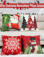 Double-Sided Print Christmas Pillow Covers 20''x20'', Set of 4, 8 Christmas Patterns Christmas Tree, Snowman, Snowflakes, Merry Christmas, Deer, Santa Claus,Truck, Let It Snow, Soft Linen Material