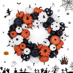 GarveeHome Halloween Pumpkin Wreath for Front Door, 18 in Fall Farmhouse Wreath with Orange, Black and White Pumpkins, Rattan Bottom Halloween Indoor Outdoor Home Party Decor
