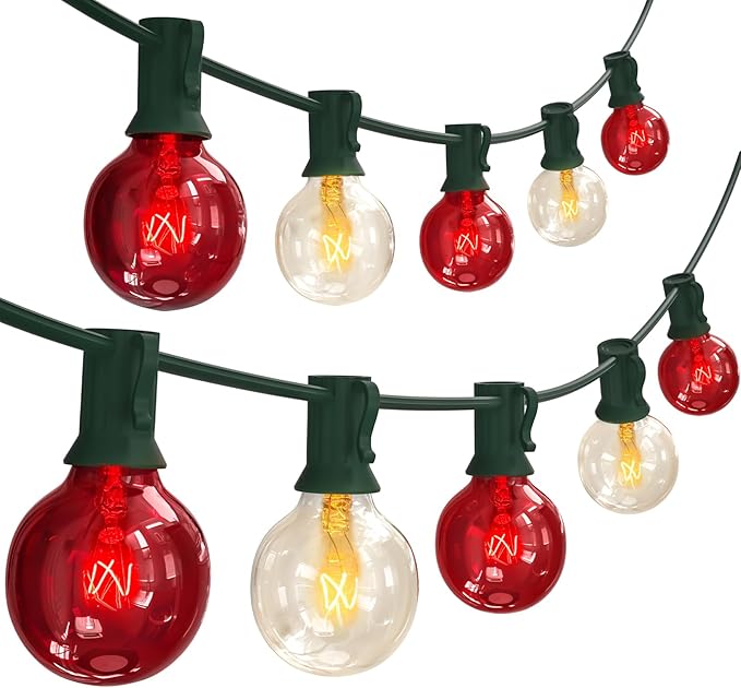 SUNSGNE G40 Red and White Christmas Lights, 25FT Christmas Globe Lights with 25 Clear Red and White Round Bulbs for Outdoor Indoor Xmas Pergola Gazebo Patio Yard Decorations