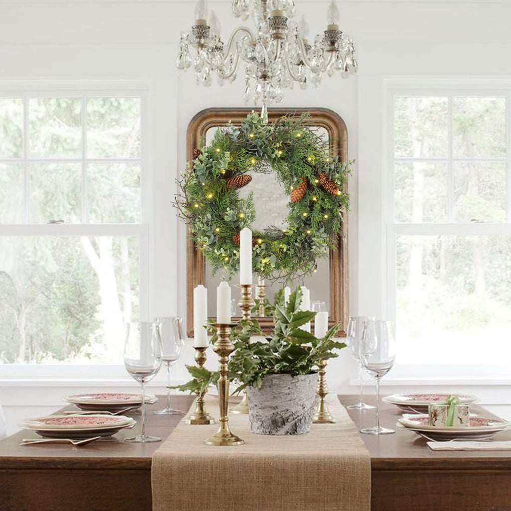 Pre Lit Christmas Wreath for Front Door Green Wreath Decorated with Pine Cones,Berry Clusters, Abundant Fit Branches 18” Lighted Christmas Wreaths for Windows Winter Wreath Hanging Wall Decor