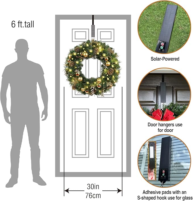 Solar Christmas Wreath 30 Inches Pre-Lit Solar 70 Led Artificial Wreath for Front Door Window Outdoor Decorations with Golden Pine Cones Christmas Balls Glitter Pine Branches(3002)