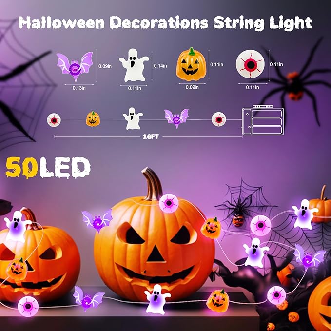 Halloween String Lights, 16 ft 50 LED Pumpkin Bat Eyes Ghost Battery Operated Lights for Lawns Garden Outdoor Holiday Party Halloween Decorations (2 Pack)