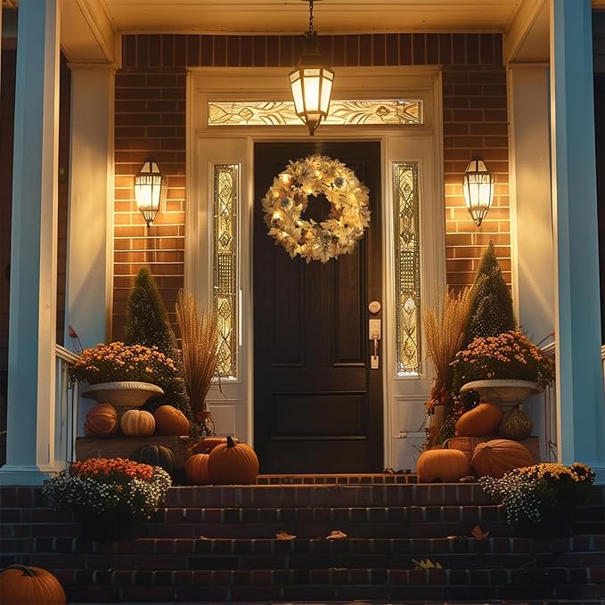 Realistic Fall Wreath with Lights, 22" Fall Wreaths for Front Door with Pumpkins Fall Leaves Berries Pine Cones,Autumn Wreath Fall Decorations for Home Thanksgiving Halloween Decorations for Wall Door