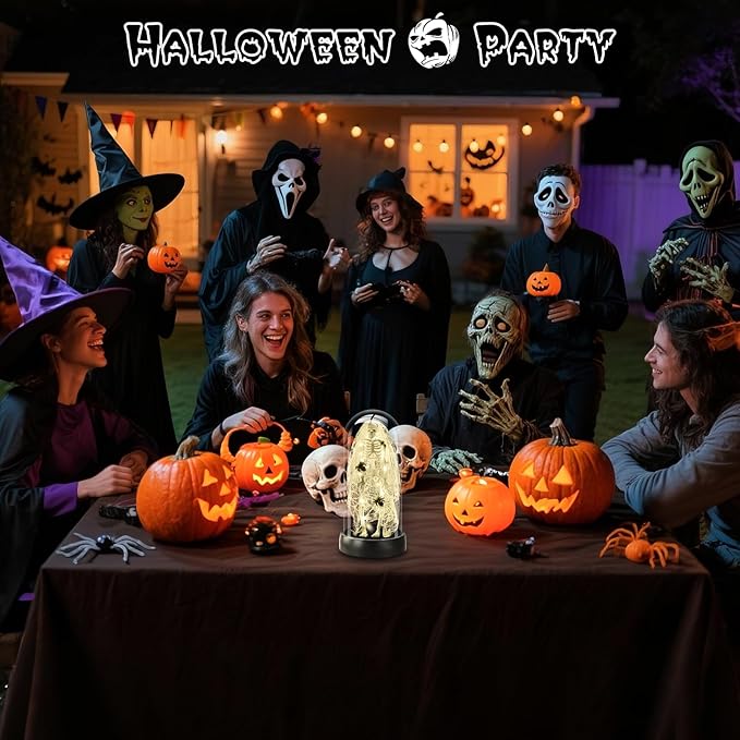 Halloween Decorations-Light-Up Skull with Spider Halloween Decor Indoor Cute Skull Tabletop Decor for Party Home Kitchen and Fireplace, 8.46"x4.2" Flickering LED Terror