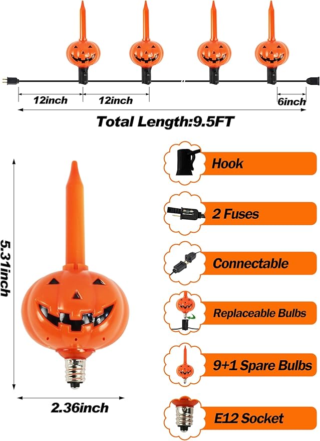 Halloween Pumpkin Bubble Lights String, 9.5Ft Orange Vintage LED Flashing Lights for Indoor Decor, Fairy Lights for Outdoor Bedroom Porch House Fall Party Decorations