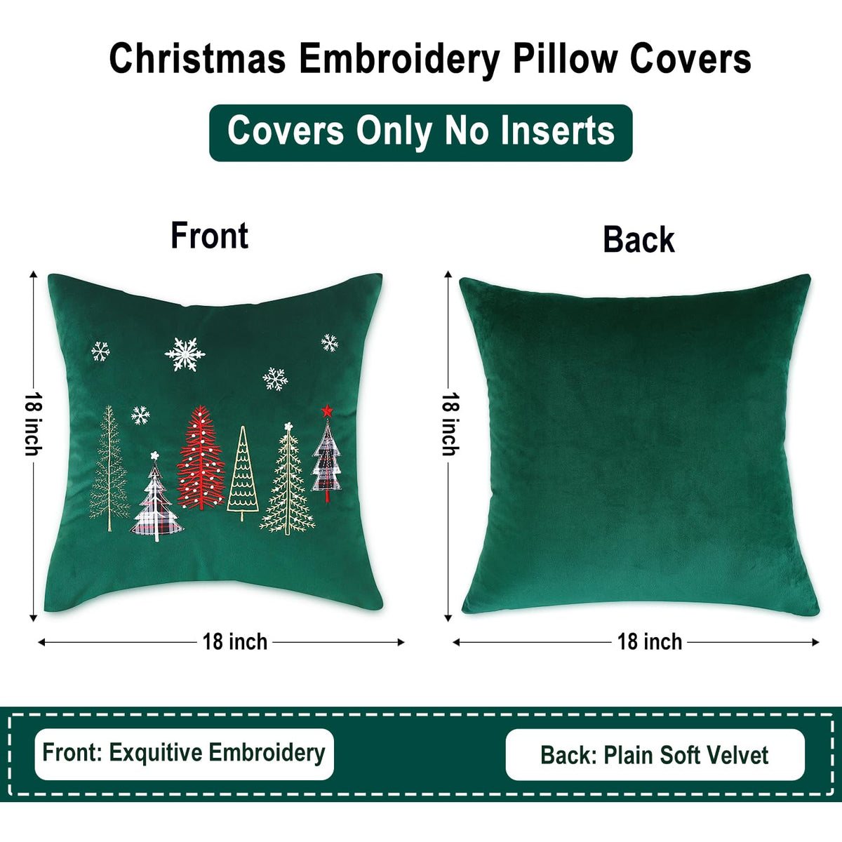 Tosleo Christmas Pillow Covers 18x18 Set of 2 Xmas Trees with Snowflake Embroidery Throw Pillow Covers Christmas Dec Velvet Pillowcases Forest Green Cushion Pillow Cases Soft Square Holiday Pillowcase