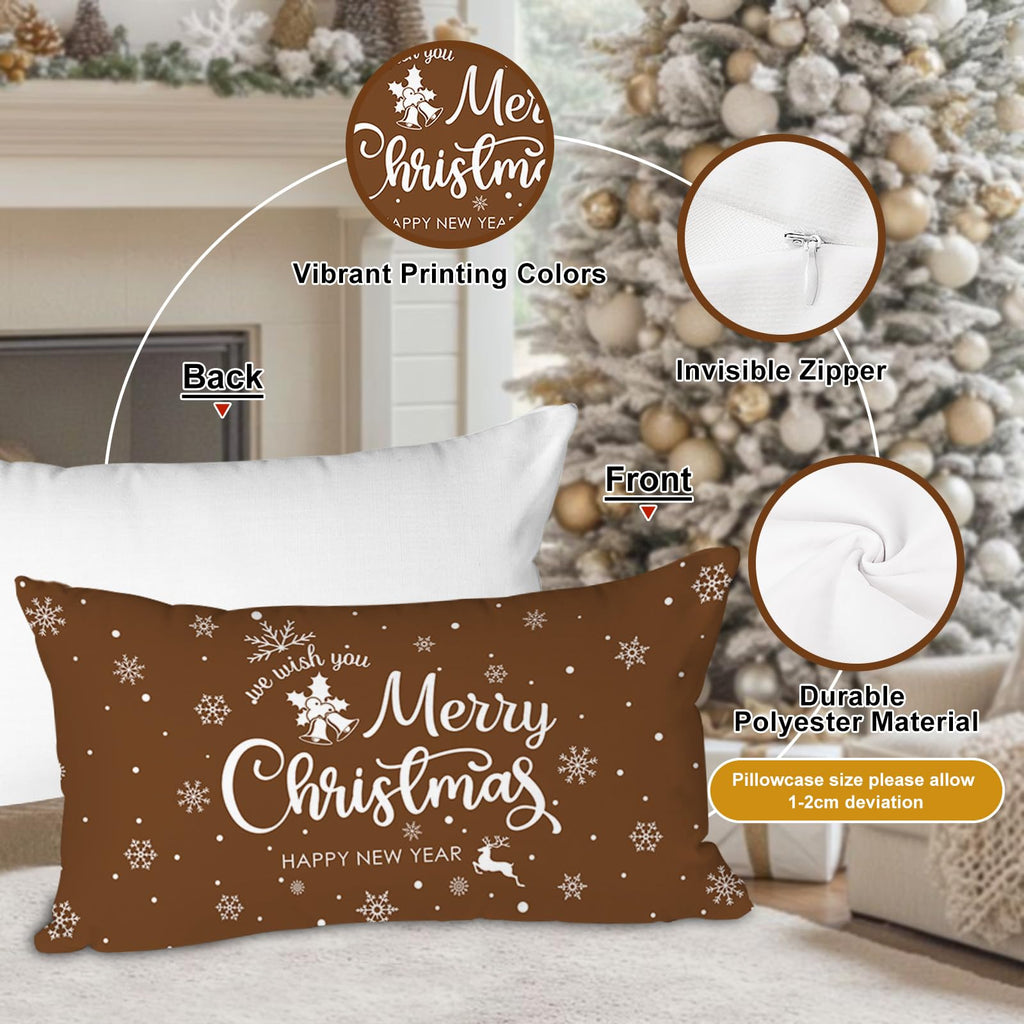 Lanpn Christmas Throw Pillow Covers 12x24 Set of 4, Merry Christmas Winter Xmas Snowflake Decorative Holiday Cushion Pillow Cases 12 x 24 for Outdoor Indoor Farmhouse Home Room Couch Decor (Brown)