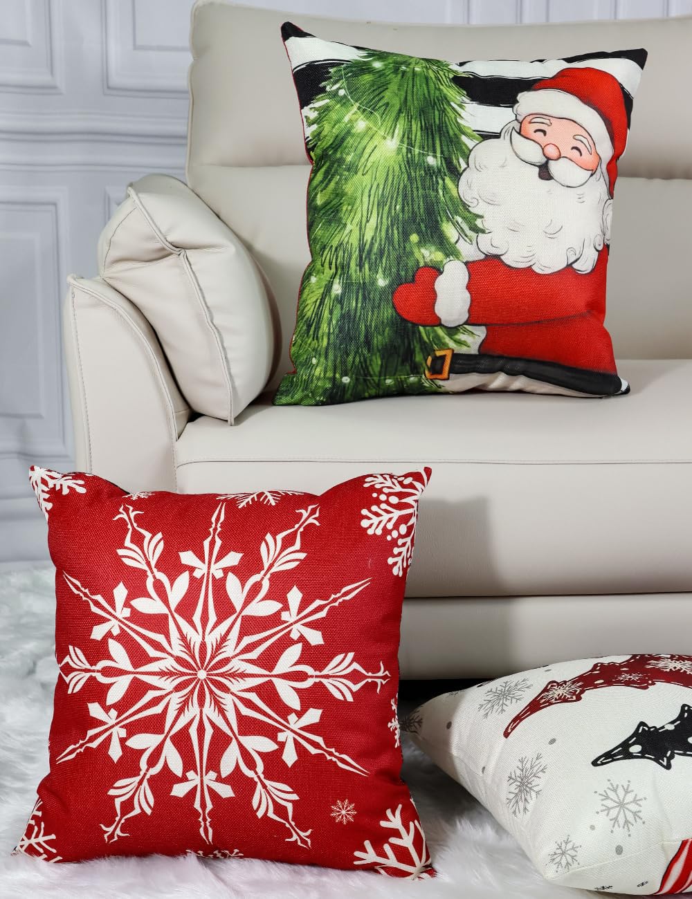 Double-Sided Print Christmas Pillow Covers 20''x20'', Set of 4, 8 Christmas Patterns Christmas Tree, Snowman, Snowflakes, Merry Christmas, Deer, Santa Claus,Truck, Let It Snow, Soft Linen Material