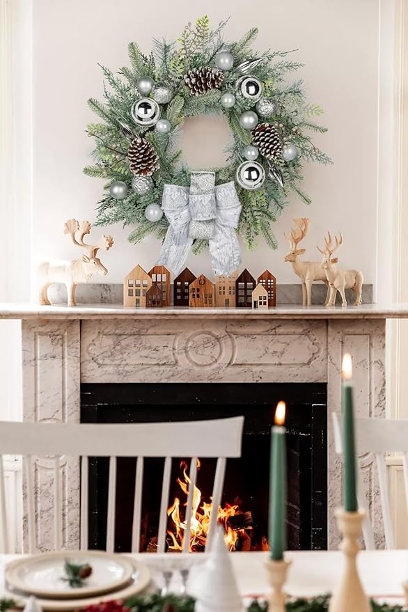 24 inch White Christmas Wreath,Winter Norfolk Pine Wreaths Bows for Front Door with Silver Colored Ball Pinecones Berries for Fireplace Xmas Decorations, Wall Window Indoor Outdoor Decor