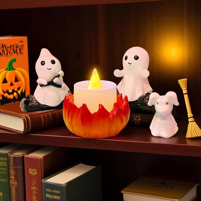 SOMITO 2025 Ghost Campfire Nightlight, Cute Halloween Ghost Figurine, Spooky Ghost Halloween Decorations, Adorable Halloween Decor Indoor for Home Mantel Tabletop Party (with Dog)