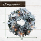 Fraser Hill Farm 24-inch Flocked Christmas Wreath with Pinecones and White LED Lights, Battery Operated Artificial Holiday Hanging Decoration for Door, Wall, Mantel