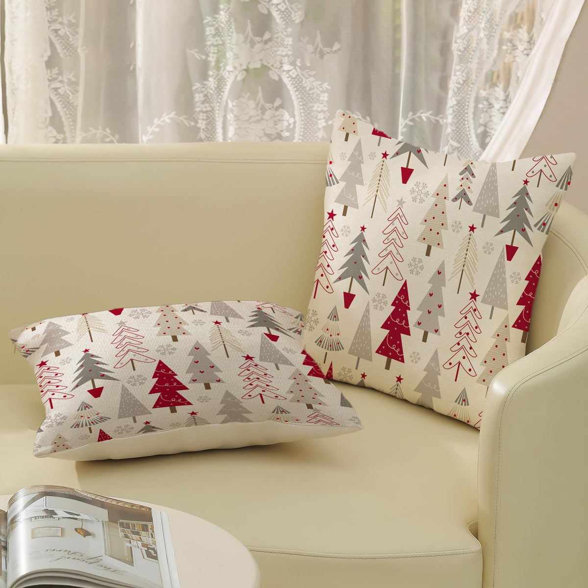 Christmas Pillow Covers 16x16 Set of 2 Christmas Decor Linen Pillowcase Geometric Colorful Christmas Tree Throw Pillows Winter Farmhouse Holiday Decorations Cushion Covers for Couch Home Sofa