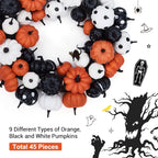 GarveeHome Halloween Pumpkin Wreath for Front Door, 18 in Fall Farmhouse Wreath with Orange, Black and White Pumpkins, Rattan Bottom Halloween Indoor Outdoor Home Party Decor