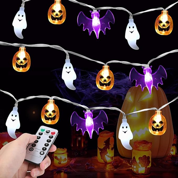 Halloween Fairy Lights,Waterproof Pumpkin Bat Ghost Battery Powered Lights, 16ft 30LEDs with Remote Control, String Light for Windows, Indoor Outdoor Decorations, Halloween Party Decorations