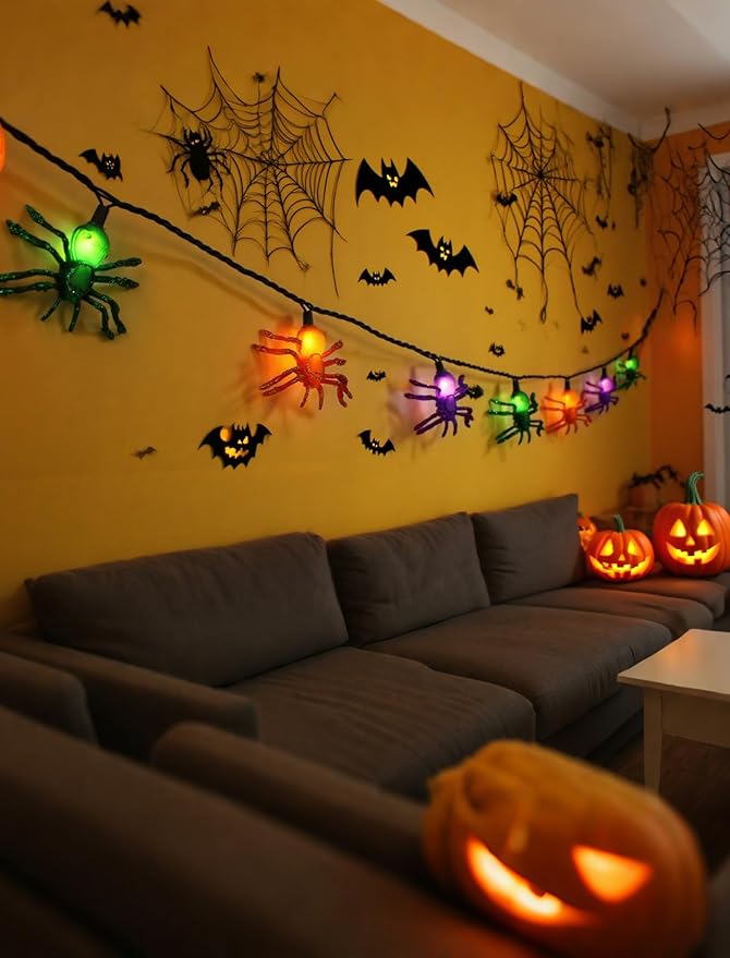 Halloween Spider Lights, 12ft 20 LED Plug in Glitter Spider String Lights, UL Certified, for Indoor Outdoor Halloween Decorations, Party, Porch, Yard