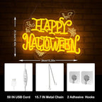 HAPPY HALLOWEEN Neon Sign, Bright Yellow LED Wall Light with Bats, Spider Webs & Skull, Halloween Party Decoration for Home, Bar, Dorm, Spooky Décor