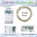6 Pack Fairy Lights Battery Operated with Timer, Each 20FT 60LED Christmas String Lights Outdoor Indoor, Cuttable Battery Twinkle Light for Bedroom Home Wedding DIY Christmas Decorations (Cool White)