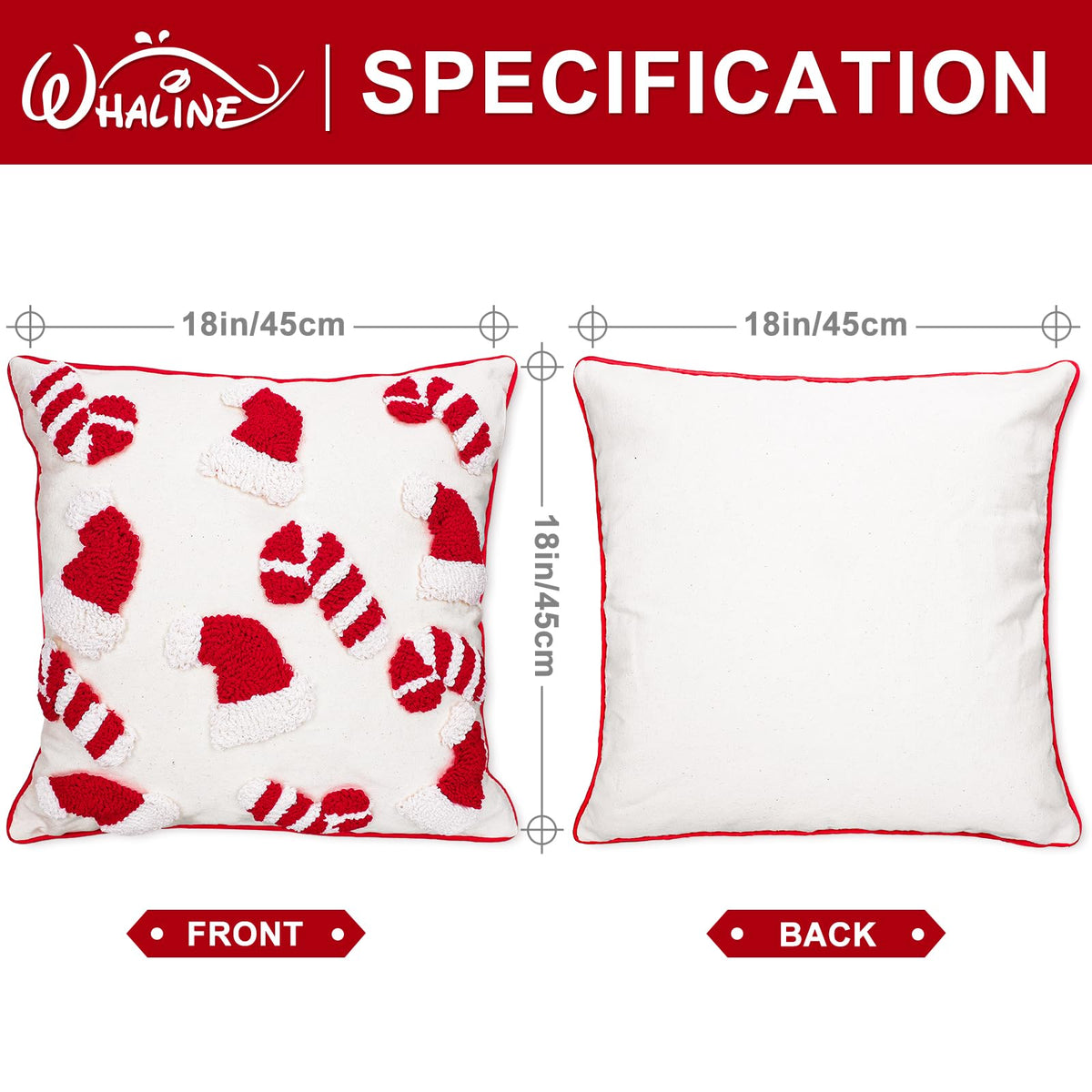 Whaline 2Pcs Christmas Tufted Throw Pillow Covers Red White Xmas Hat Candy Cane Pillow Case Winter Holiday Soft Cushion Cover for Sofa Couch Bed Home, 18 x 18 Inch