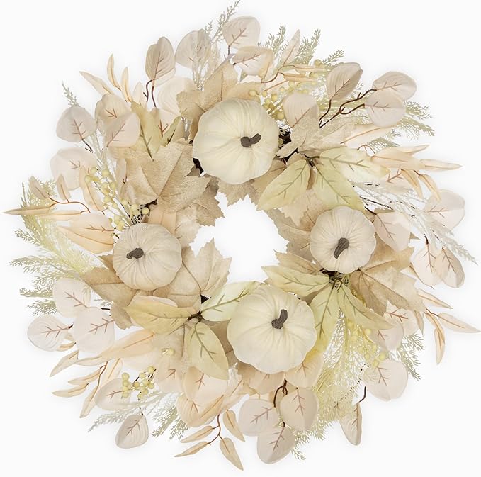 Briful 16'' Cream White Pumpkin Wreath for Fall – Rustic Autumn Front Door Wreath with Faux Leaves, Seeded Branches & Grapevine Base – Farmhouse Thanksgiving Wall Decor for Indoor, Covered Outdoor