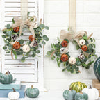 Syhood 2 Pcs 9" Mini Fall Wreath Small Pumpkin Cabinet Wreath Autumn Eucalyptus Decor with Rustic Bow for Fall Harvest Thanksgiving Porch Wall Window Decor(Eucalyptus Pumpkin Style)