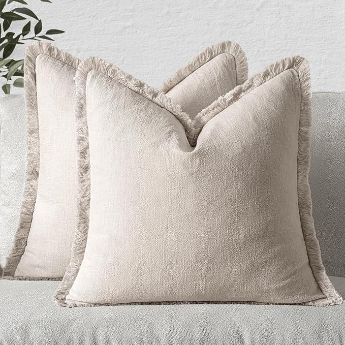 MIULEE Christmas Decorative Throw Pillow Covers Neutral Linen Fringe Throw Pillows Set of 2 Natural Beige Boho Farmhouse Cushion Covers with Tassels for Couch Sofa Bed Living Room Decor 18x18 Inch