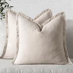 MIULEE Christmas Decorative Throw Pillow Covers Neutral Linen Fringe Throw Pillows Euro Shams Set of 2 Natural Beige Boho Farmhouse Cushion Covers for Couch Sofa Bed Living Room Home Decor 24x24 Inch