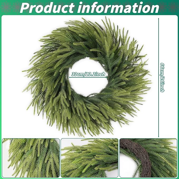 26 inch Norfolk Pine Wreath, Realistic Christmas Wreath for Front Door,Artificial Real Touch Green Wreath Greenery for Door Wall Windows Mantle Outdoor Christmas Decoration