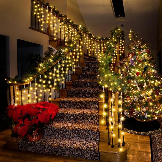 52FT 512LED Christmas Lights Outdoor Waterproof Curtain Lights with 8 Modes Timer Hanging Fairy Lights Plug in String Lights for Holiday Wedding Party Decoration(Warm White)