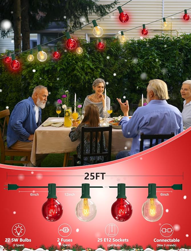 SUNSGNE G40 Red and White Christmas Lights, 25FT Christmas Globe Lights with 25 Clear Red and White Round Bulbs for Outdoor Indoor Xmas Pergola Gazebo Patio Yard Decorations